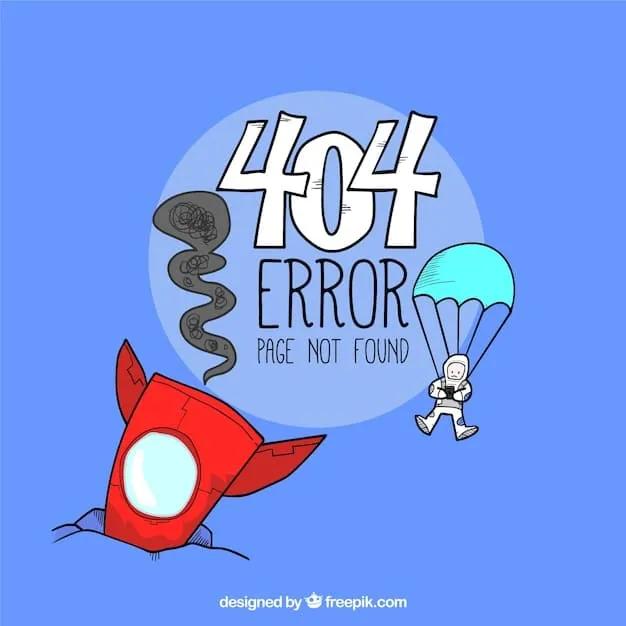 Hand-drawn 404 error illustration with a red rocket and a parachuting astronaut.