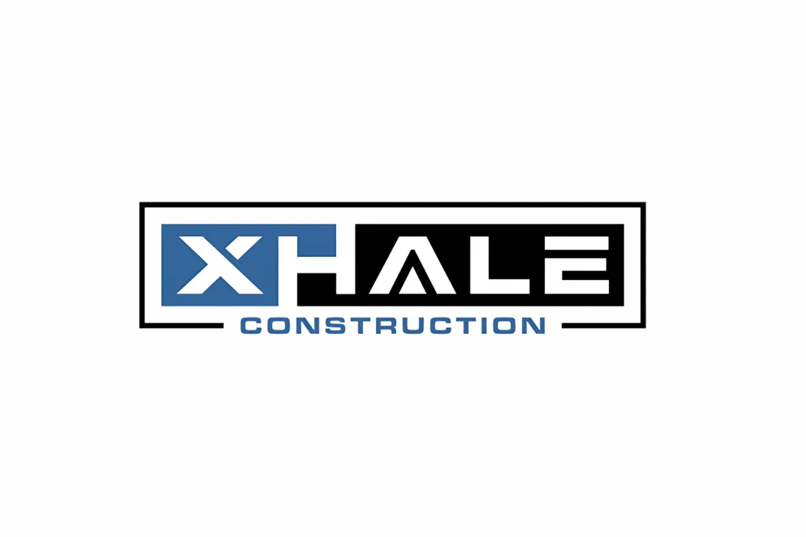 XHALE Construction logo and identity mark in blue, black and white.
